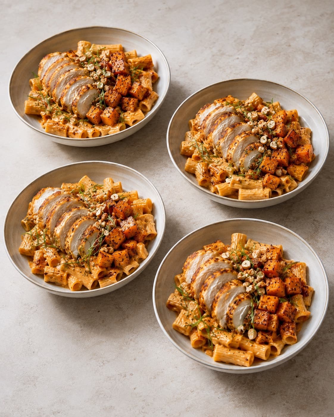 Fire portioner Marry Me chicken pasta samles med græskar