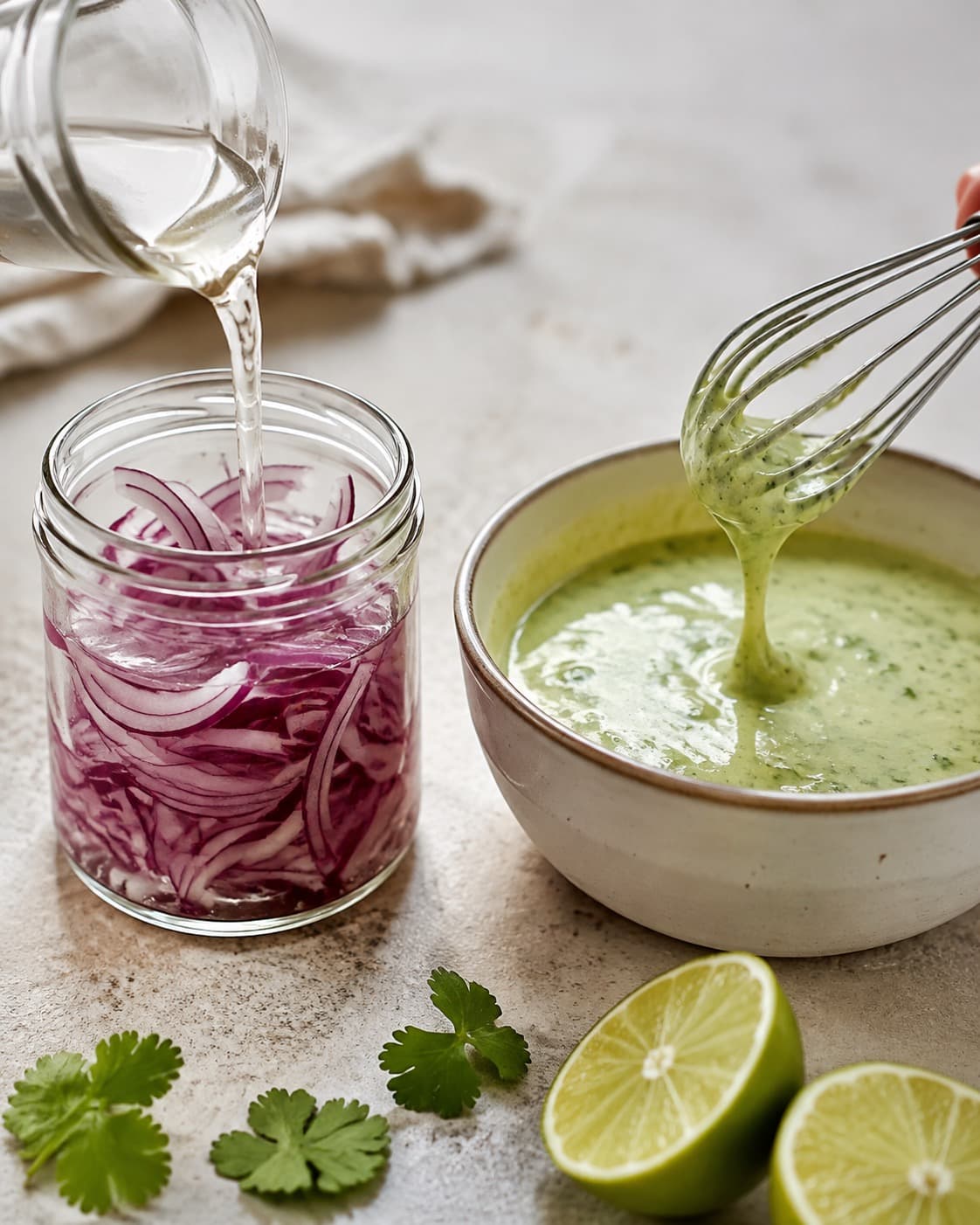 Rødløg dækkes med varm lime-eddikelage, mens koriander-limedressing piskes tyk