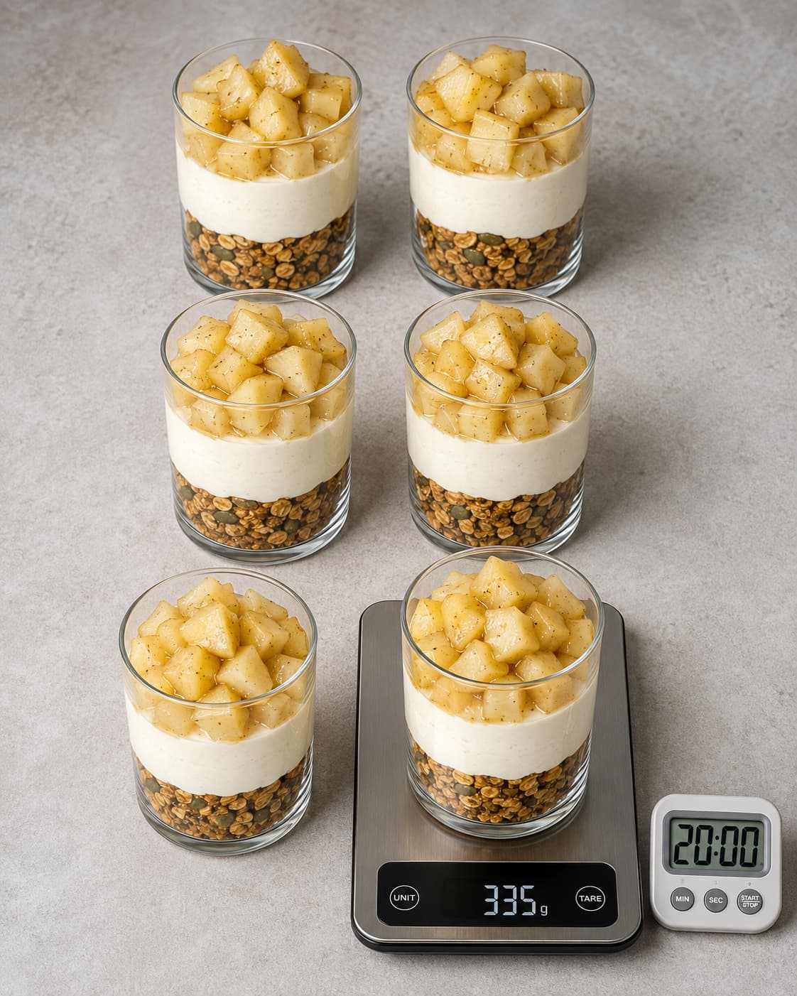Seks cheesecakeglas samles med tre præcist vejede lag