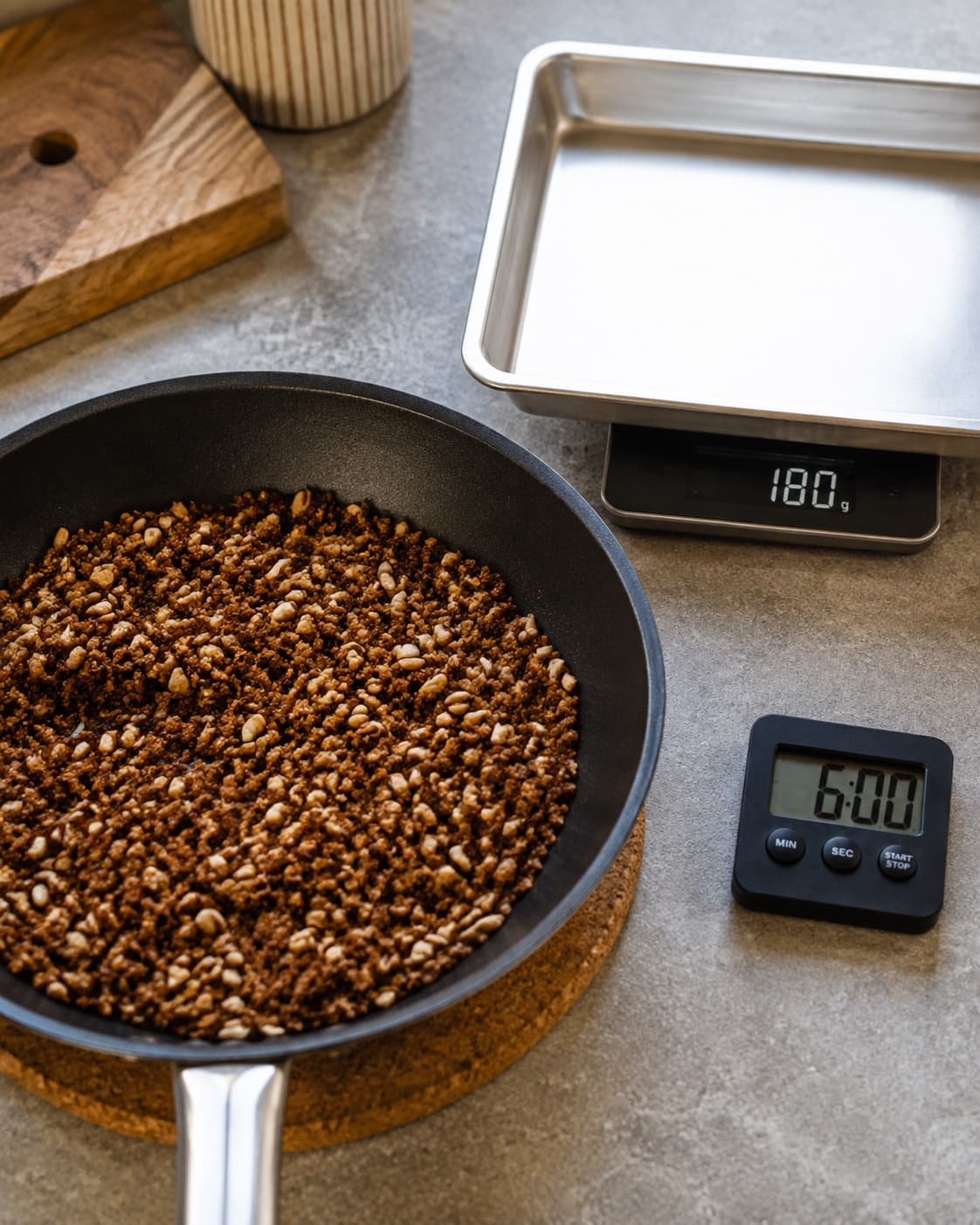 Rugbrød og solsikkekerner ristes til 180 gram sprød knas