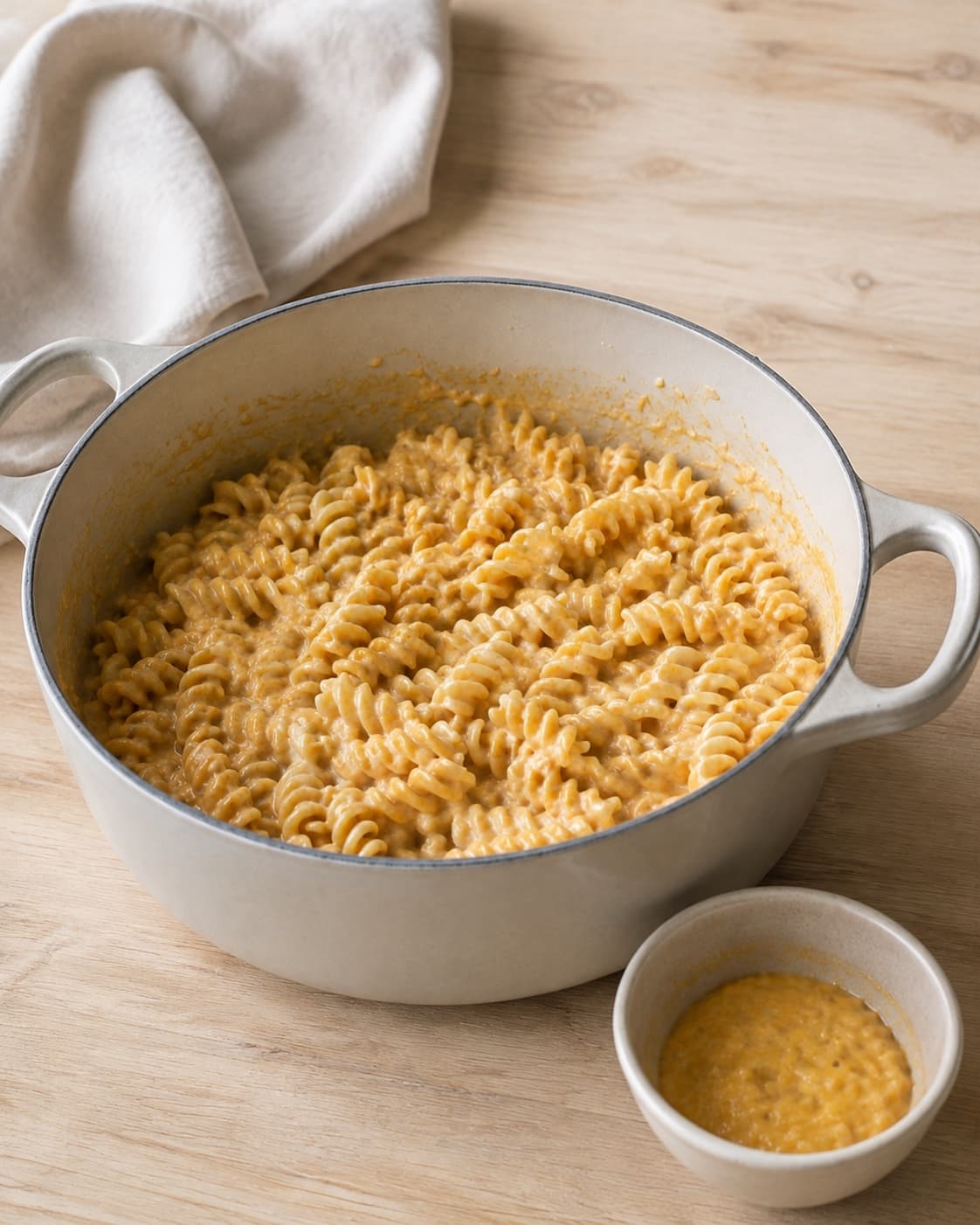 Fusilli koges direkte i basen med vand i fire omgange