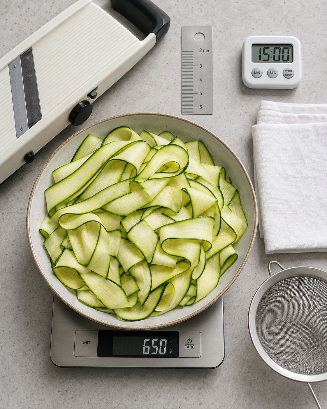 Squash høvles i 2 millimeter bånd og afdryppes til 650 gram