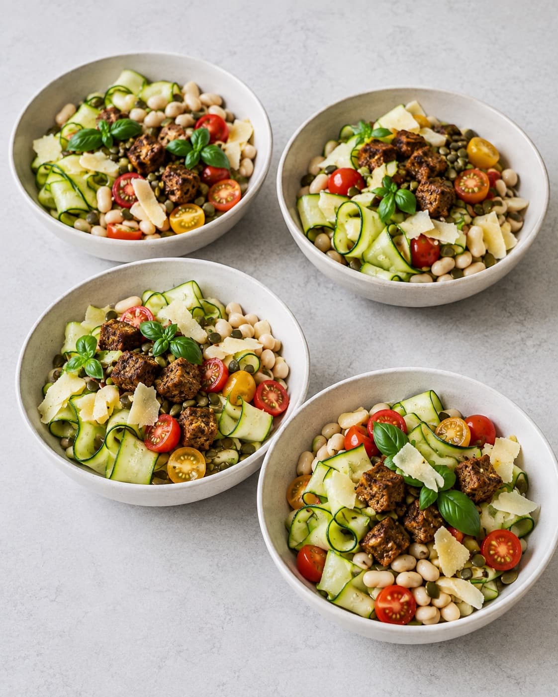 Fire portioner squashsalat anrettes med croutoner og parmesan