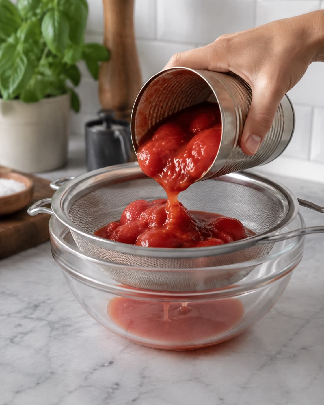 Hele flåede tomater drypper af i fin si over en skål med rød tomatsaft