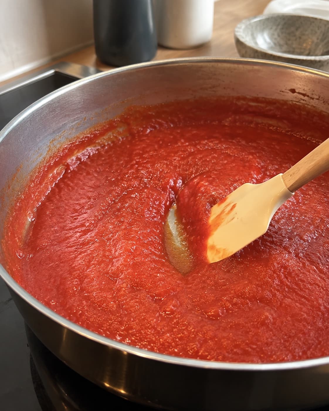 Grov tomatsovs simrer bredt med oregano til et spatelsport lukker langsomt