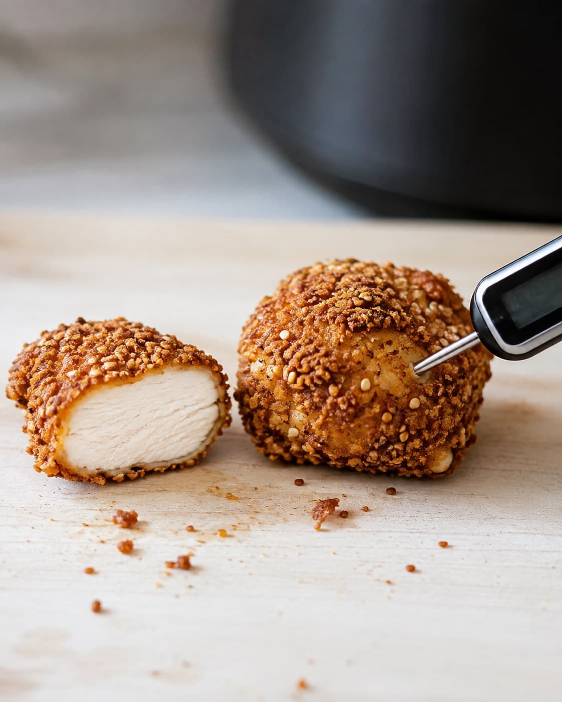 Færdig airfryer-nugget skæres over og kontrolleres med digitalt termometer