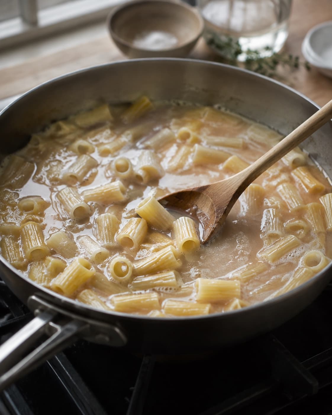 Kort pasta, der simrer i afmålt fond og danner stivelsesrig sauce