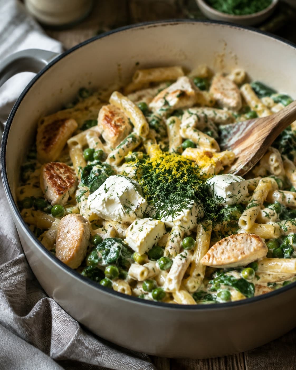Kylling, ærter og spinat samlet med citron, dild og flødeost i pastaen
