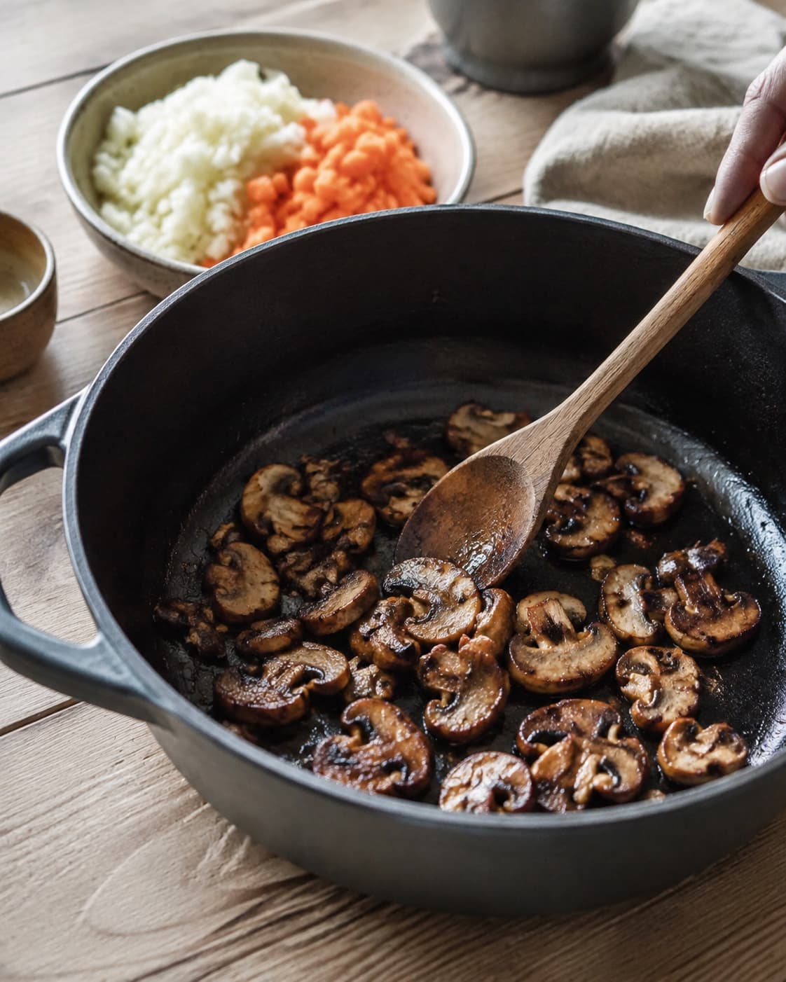 Brune champignons steges mørkt gyldne i ét lag i en sort støbejernsgryde