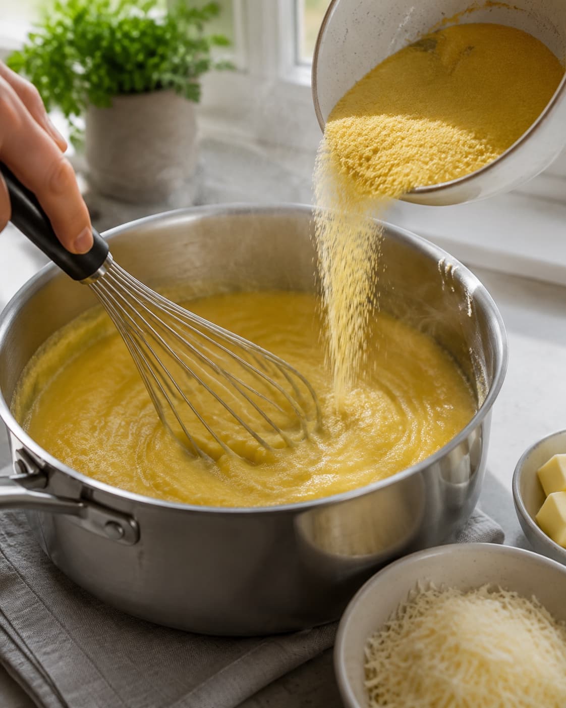 Fin polenta piskes til blank cremet konsistens i varm bouillon og mælk