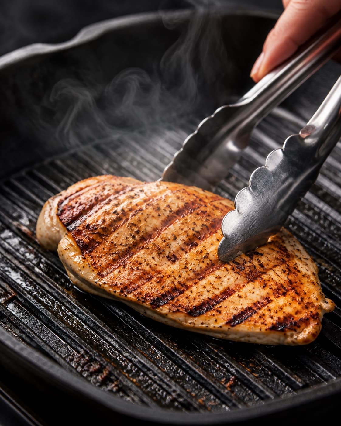 Jævnt tynd kylling steges med mørke grillstriber og kontrolleres til mindst 75 grader