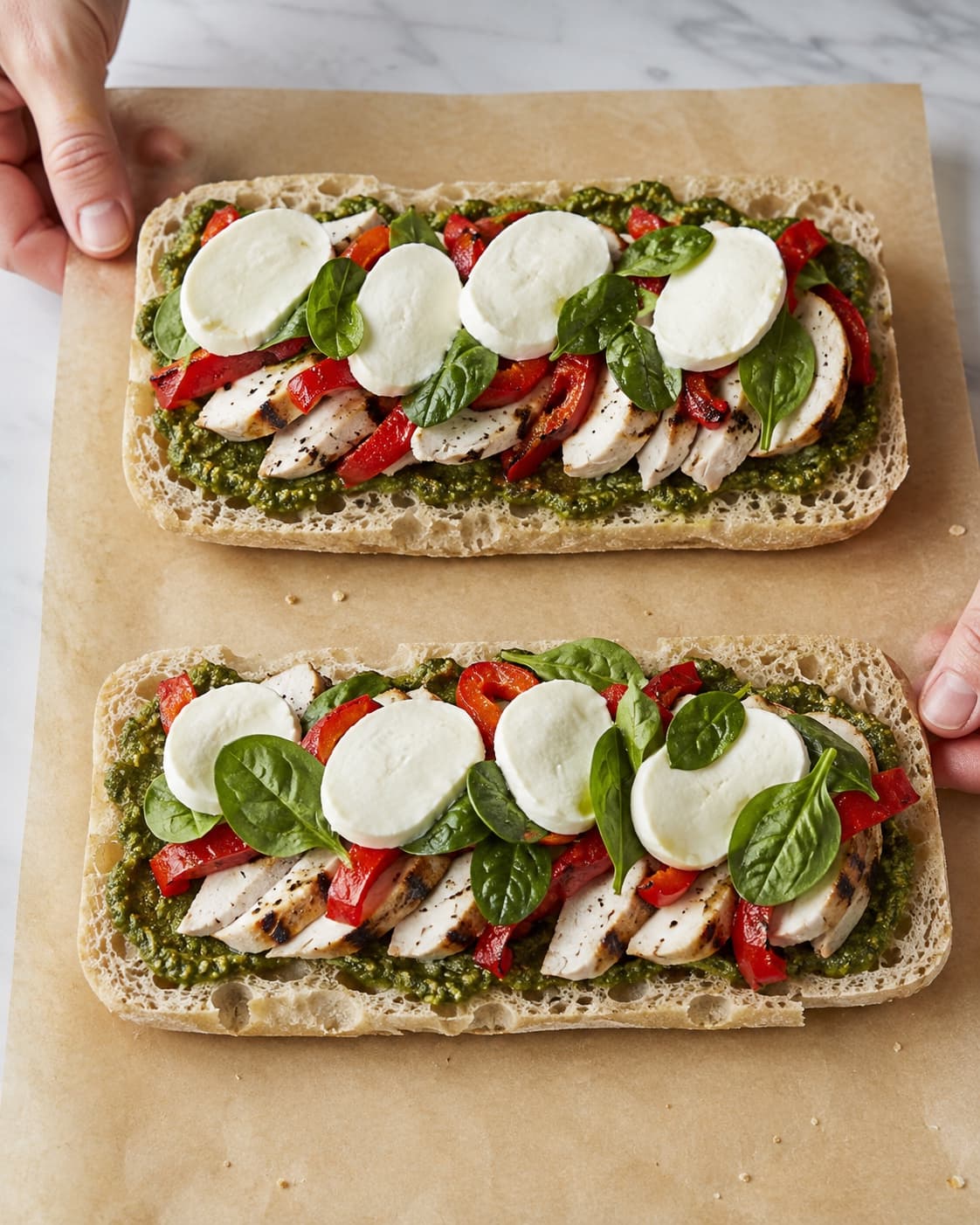 Åbne ciabattaboller lagdeles jævnt med pesto, kylling, peberfrugt, spinat og mozzarella