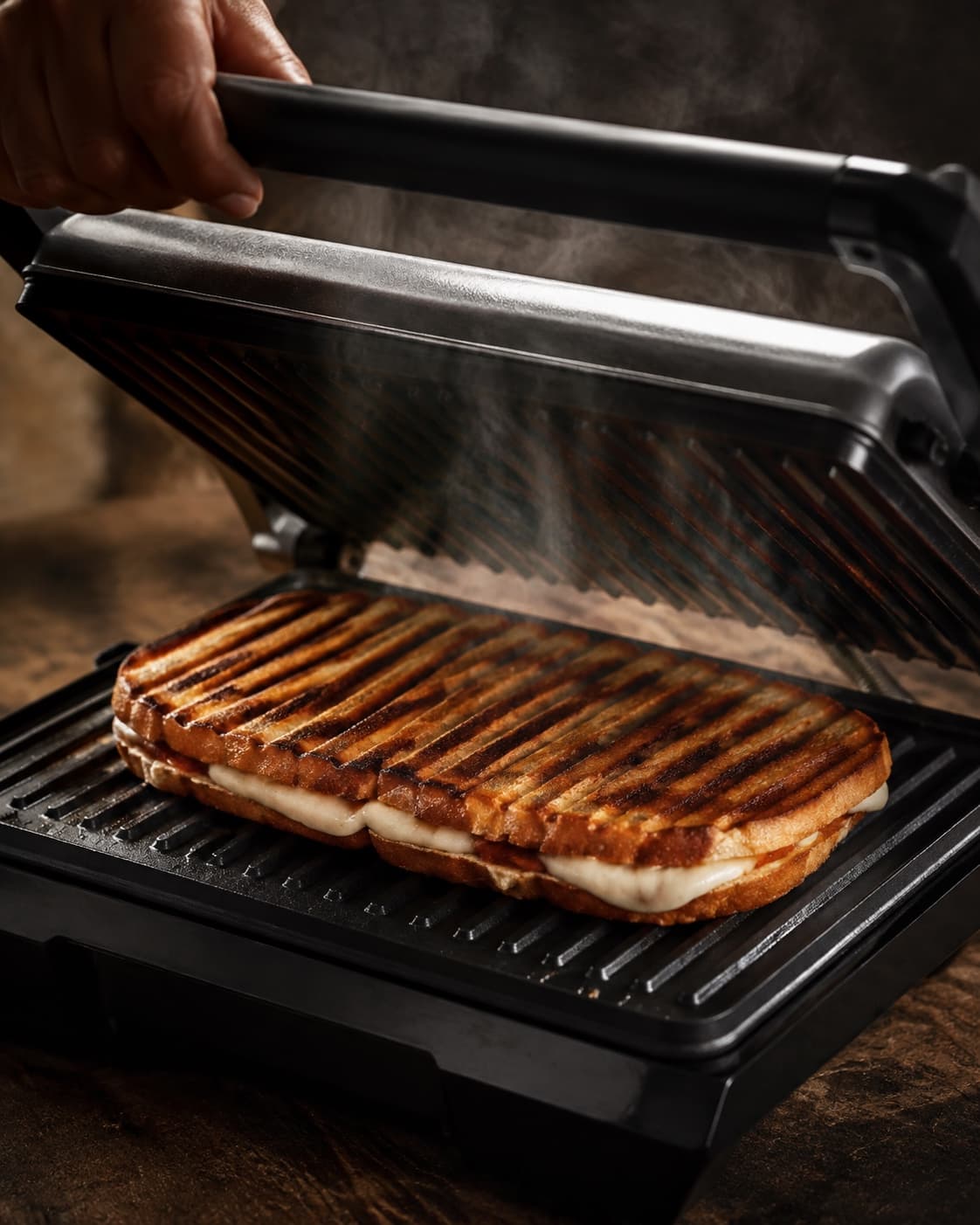 Fyldt panini presses i kontaktgrill til dybe striber, sprødt brød og smeltet mozzarella