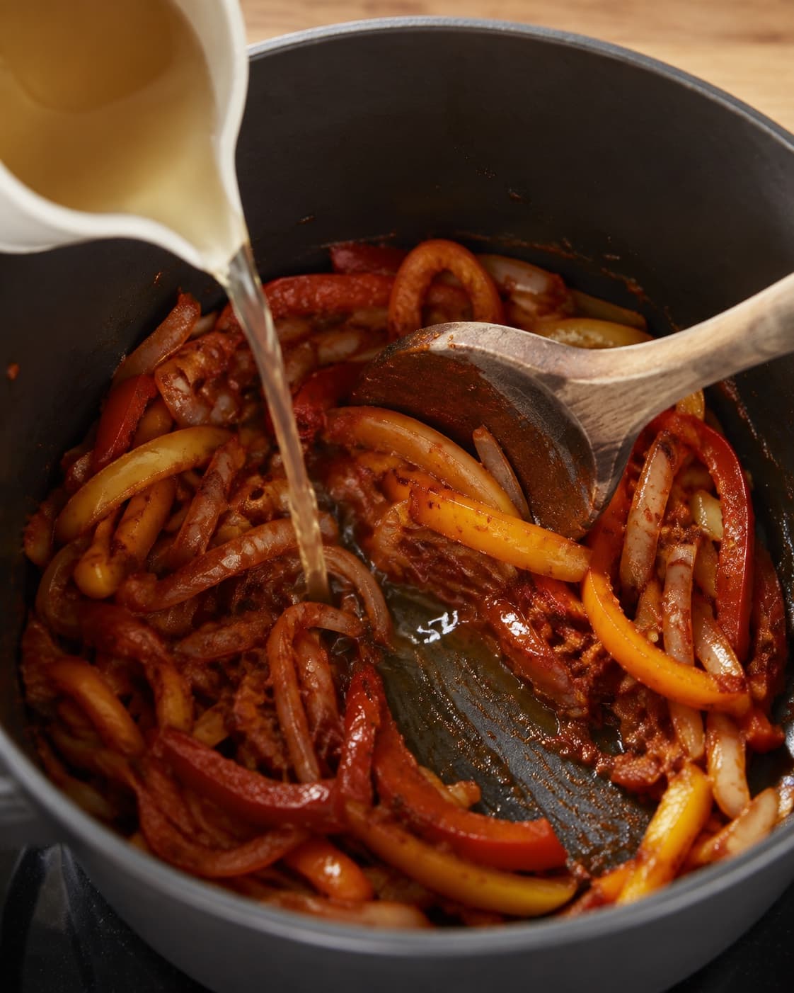 Fond hældes på ristede løg, peberfrugter, tomatpuré og paprika i gryden
