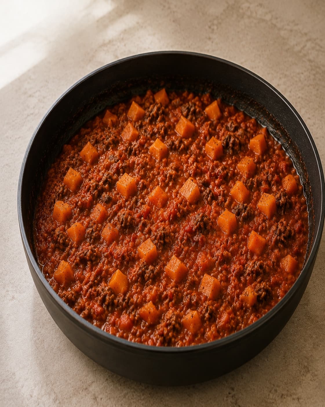 Bolognese simrer med passata, fond og græskar