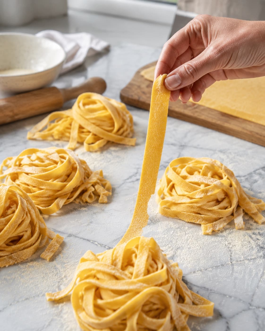 Tynde pastaark skæres til tagliatelle, samles i løse reder og koges kort