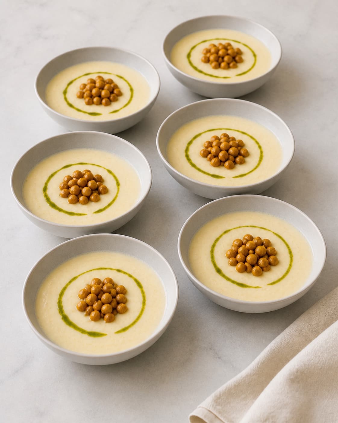 Seks skåle persillerodssuppe portioneres med kikærter