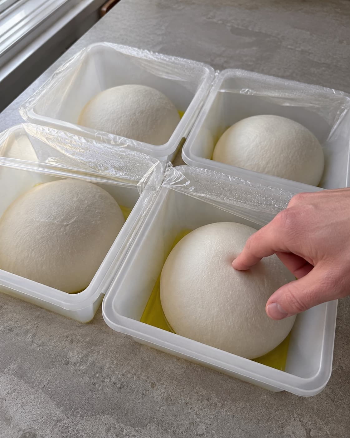 Fire ens glatte pizzadejbolde efterhæver separat i let olierede beholdere