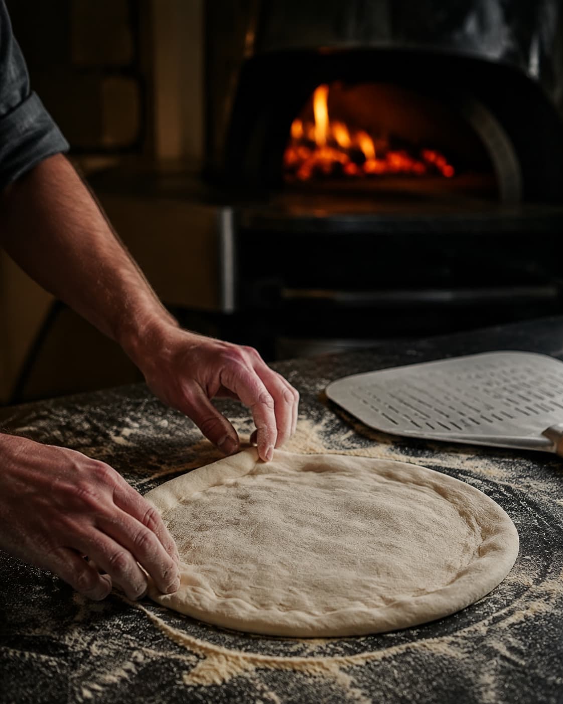 Pizzadej håndstrækkes med luftig urørt kant og bages på glødende varm plade