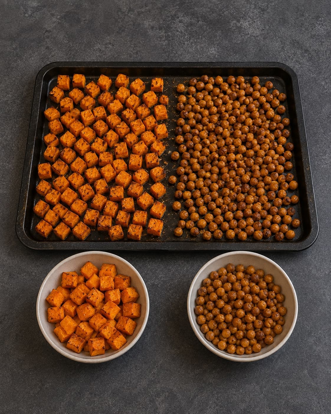 Otte hundrede gram butternut og 480 gram kikærter ristes ved 220 grader