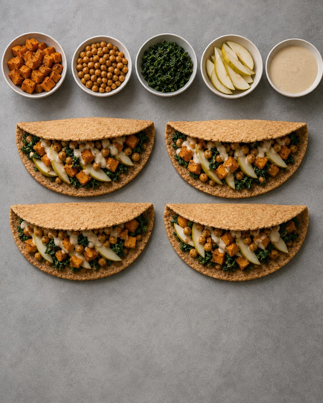 Fire pizzasandwiches fyldes ligeligt med 240 gram pr. halvdel