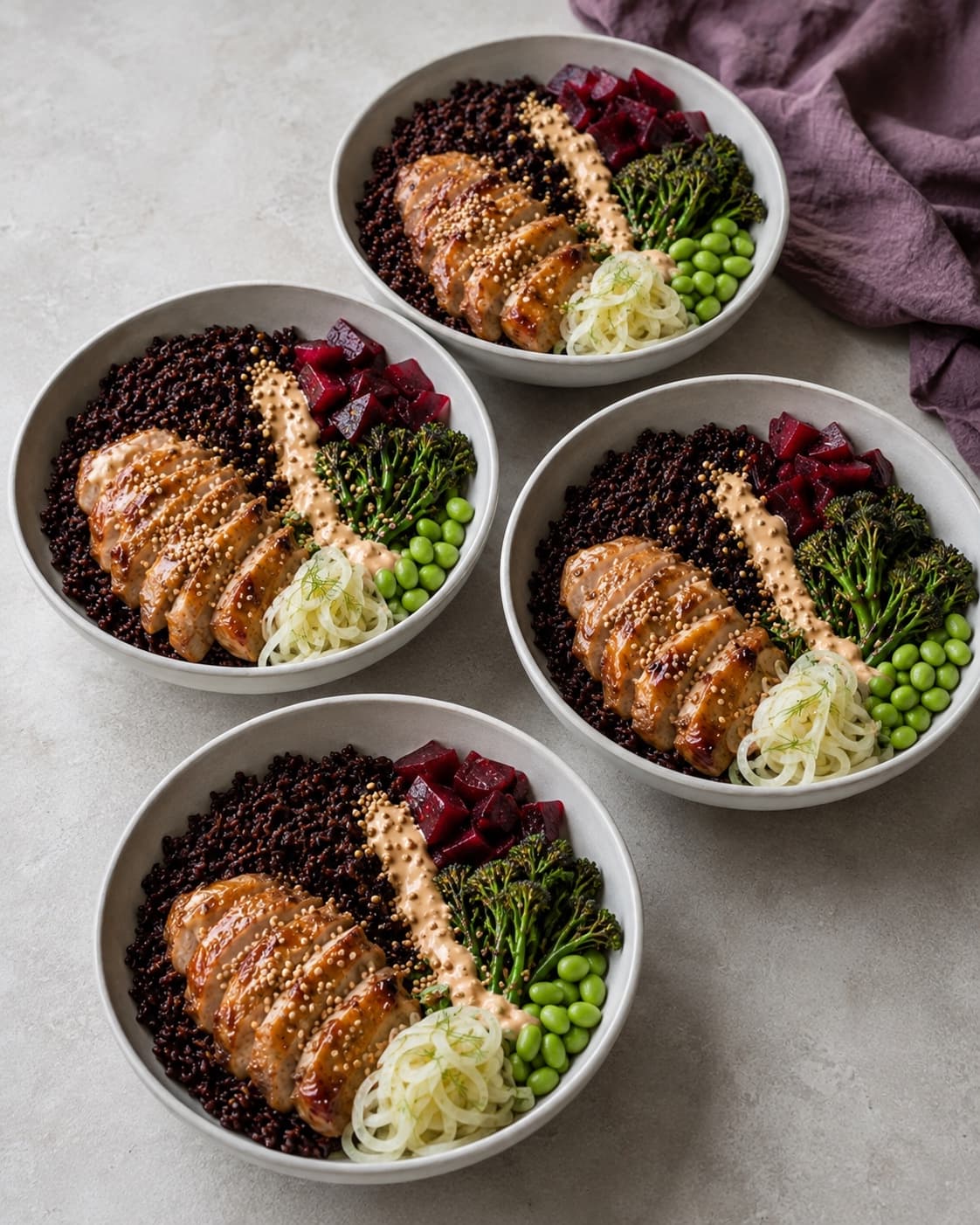 Fire poke bowls anrettes med sorte ris, kylling og grønt