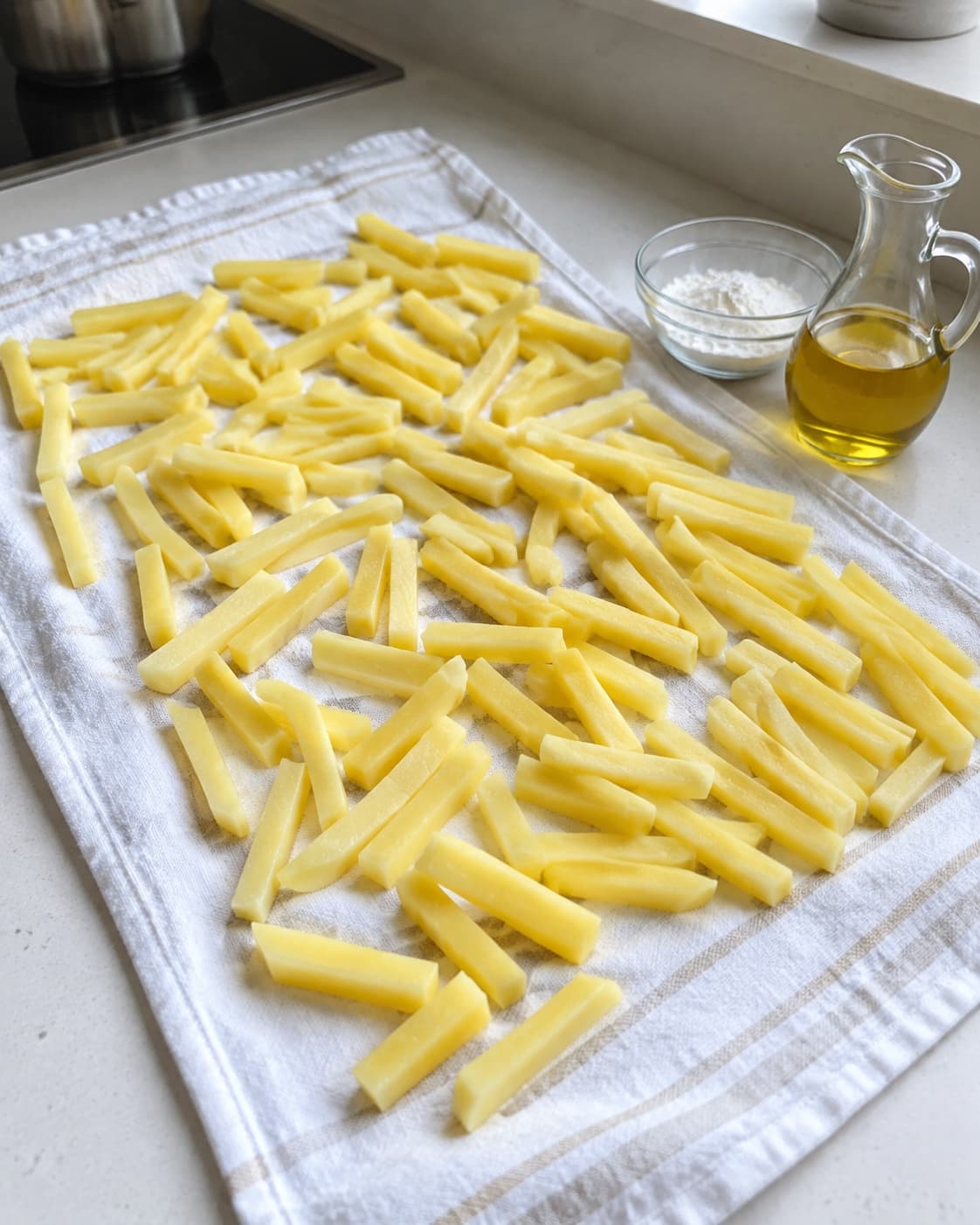Kort forkogte kartoffelstave damper helt tørre ved siden af kartoffelstivelse og rapsolie