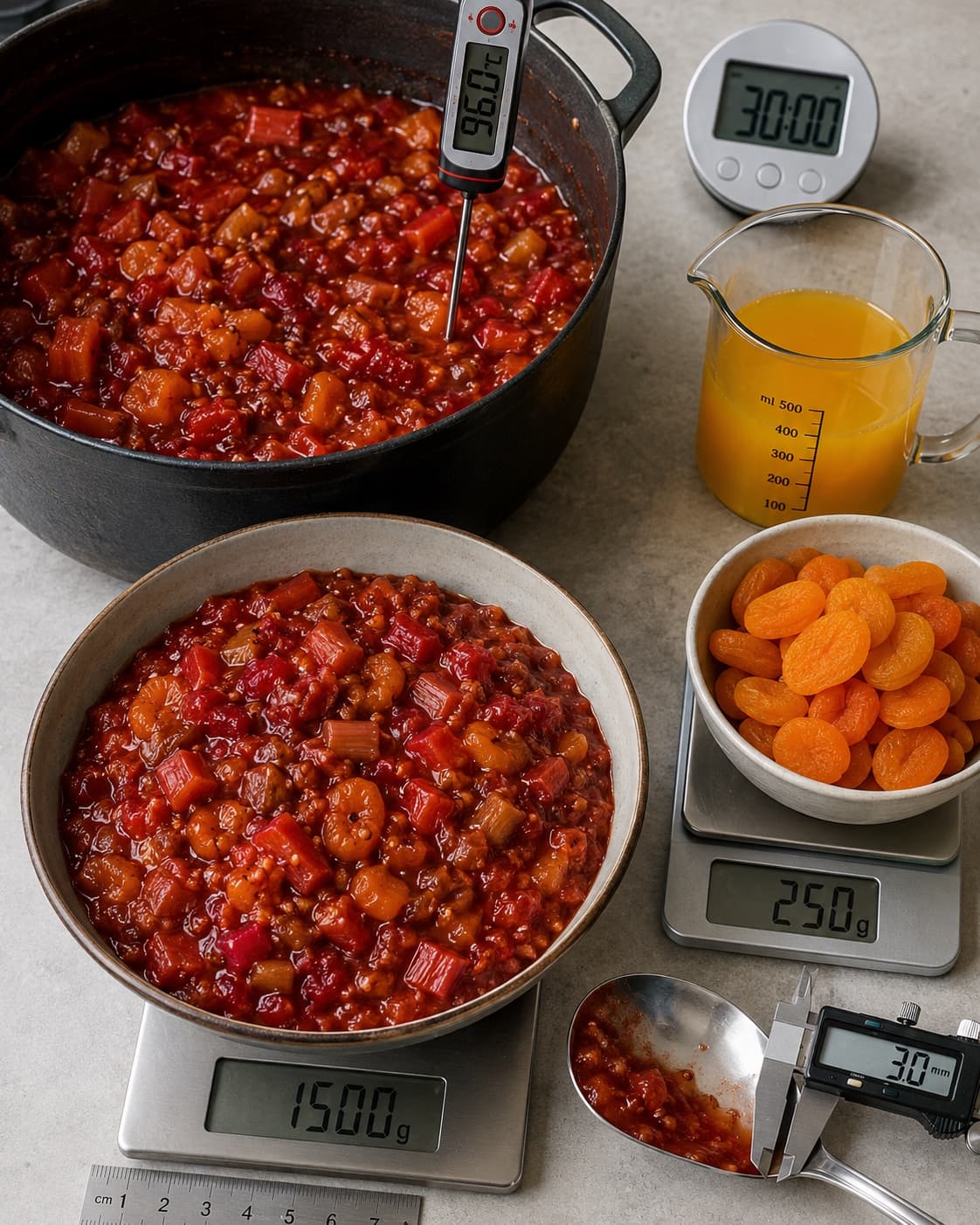 Rabarberchutney simrer til 1500 gram og 3 millimeter