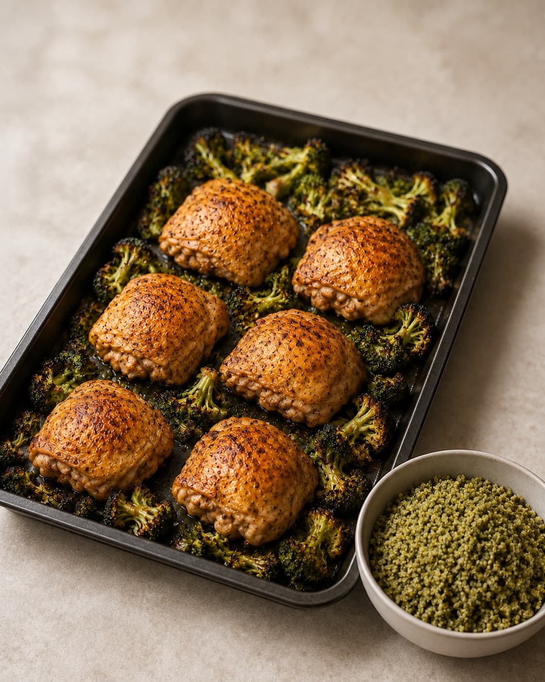 Seks kyllingeoverlår og broccoli bages med kogt quinoa