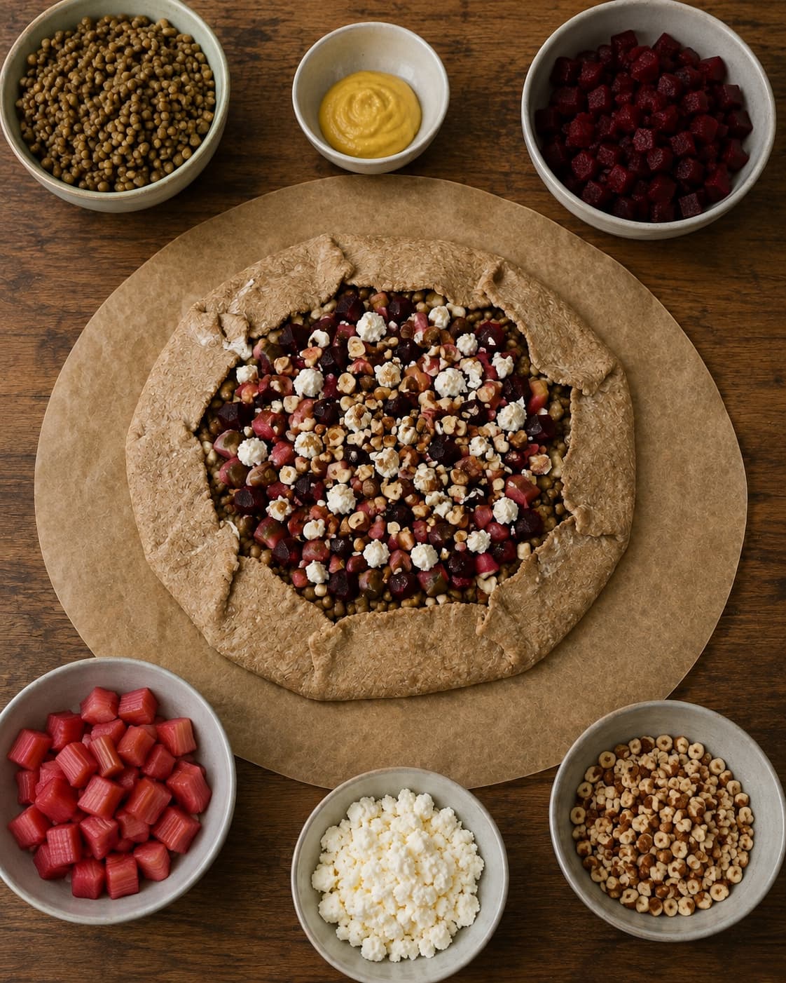 Salt galette samles med linser, rødbede, rabarber, gedeost og nødder