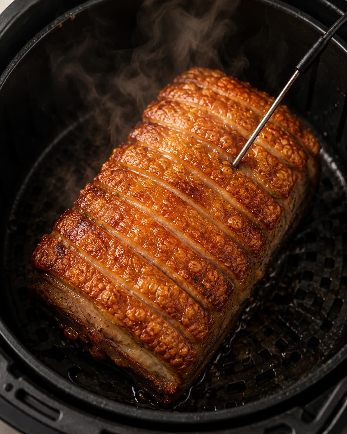 Ribbensteg får sidste høje varme i airfryer med gylden boblet svær og termometer i midten