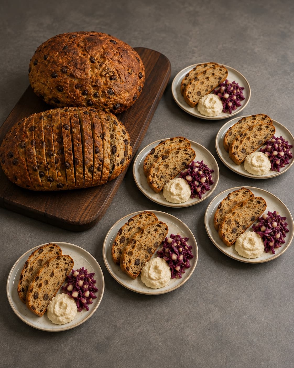 Rosinbrød bages til 96 grader og serveres på seks tallerkener