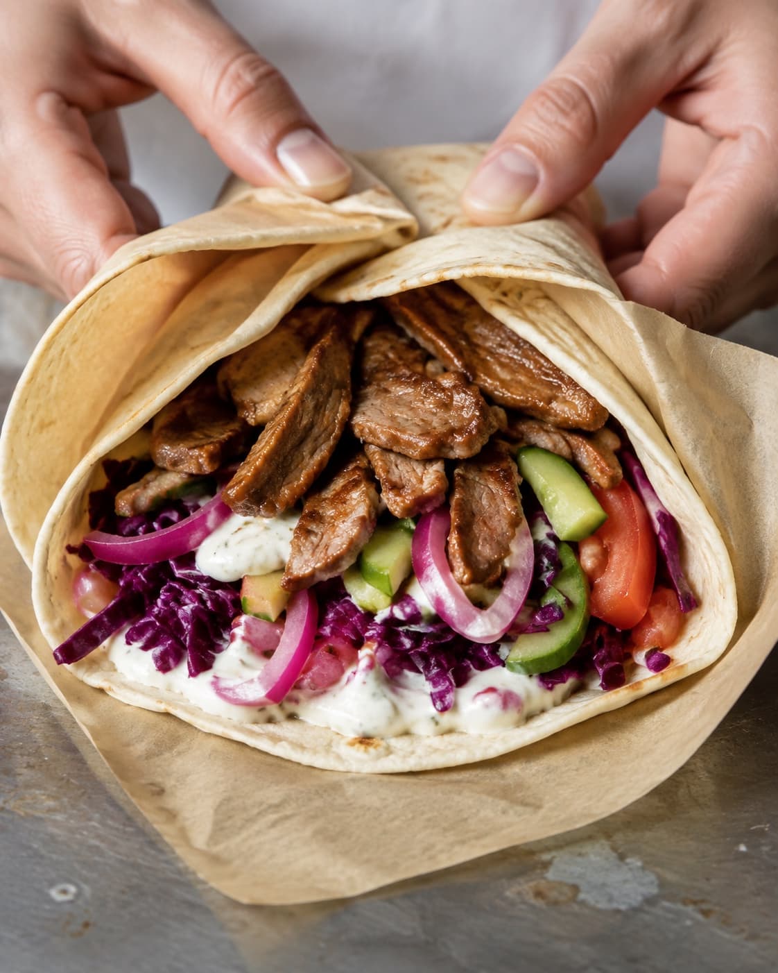 Varmt fladbrød fyldes med kebab, sprødt grønt og chilidressing og rulles stramt i papir