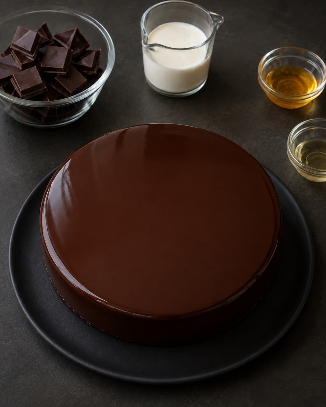 Sachertorte dækkes med blank chokoladeganache ved 34 grader