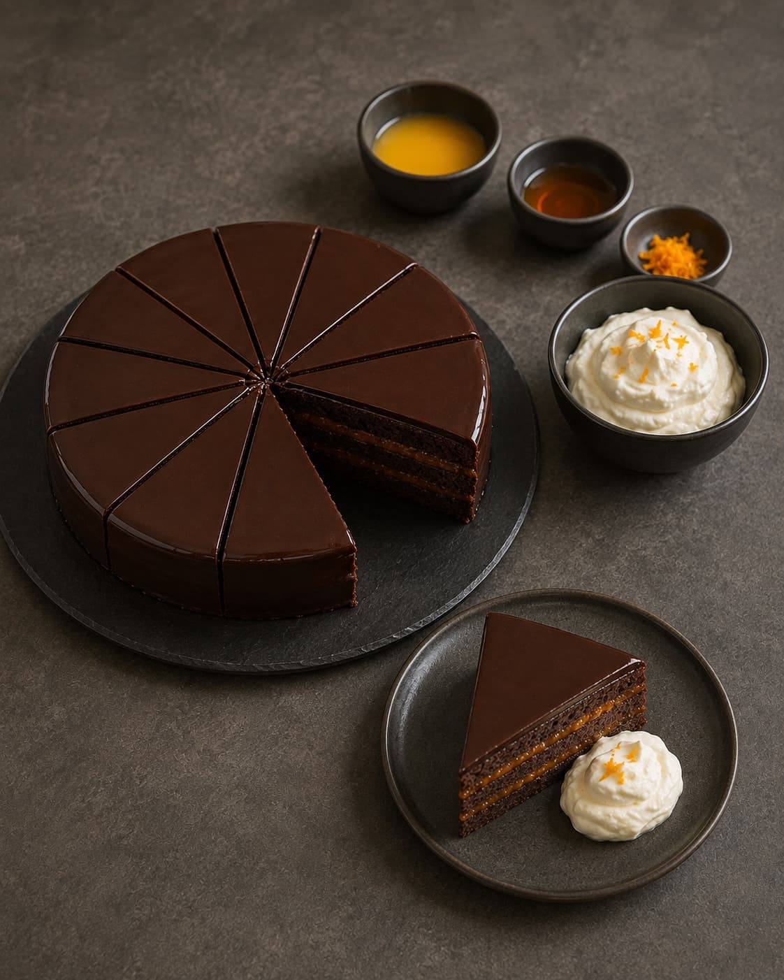 Sachertorte skæres i tolv stykker og serveres med appelsinskyr