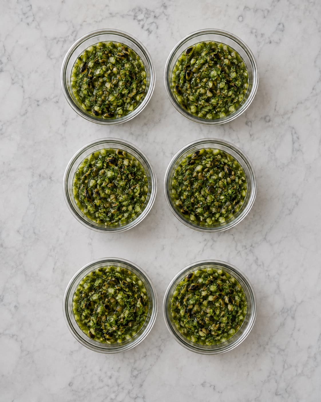 Seks portioner salsa verde hviler ved fem grader