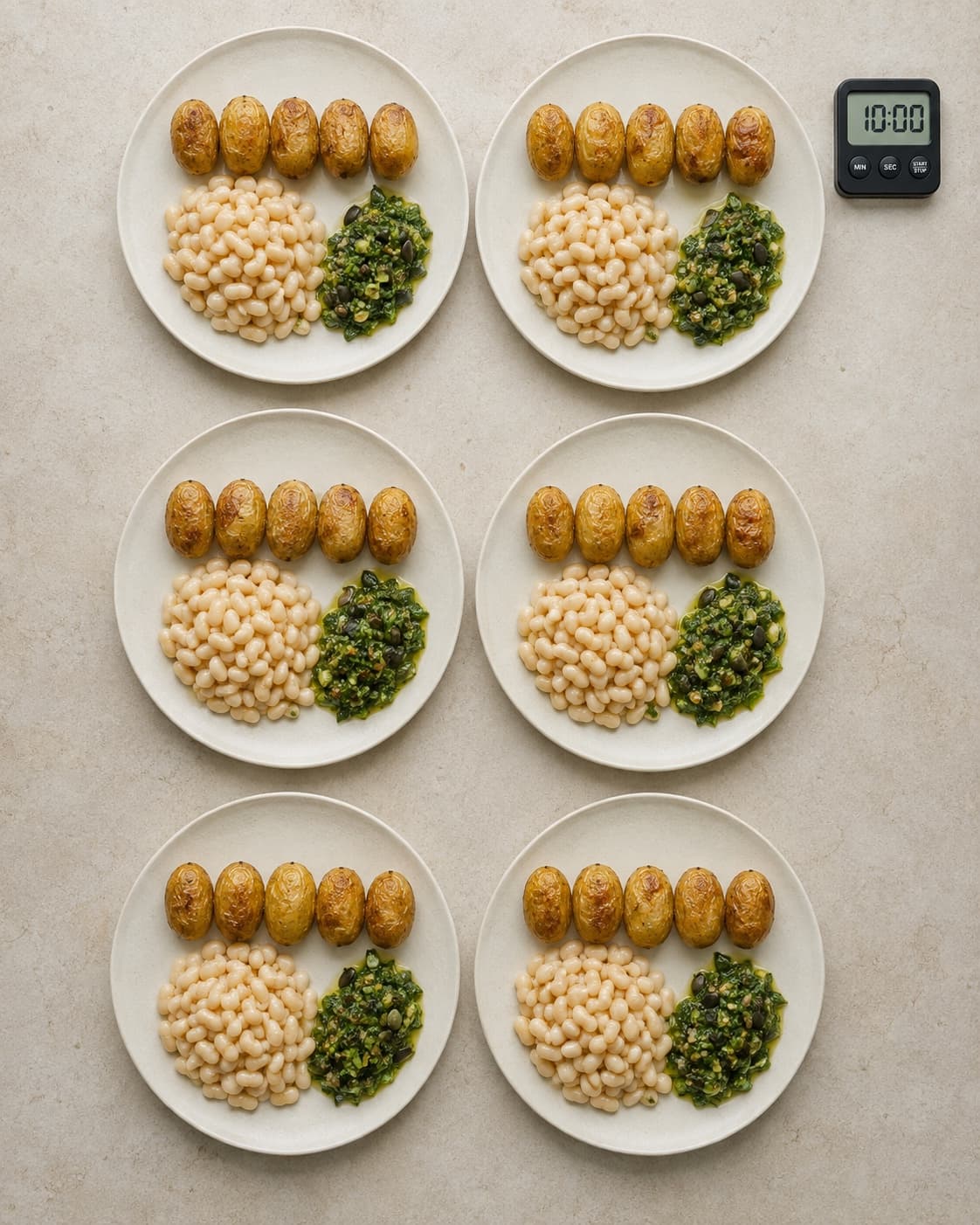 Seks komplette tallerkener anrettes med salsa verde