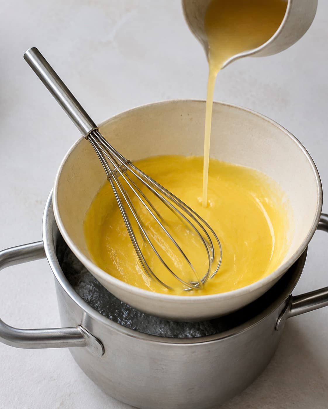 Pasteuriserede æggeblommer piskes med varm fond over et roligt vandbad