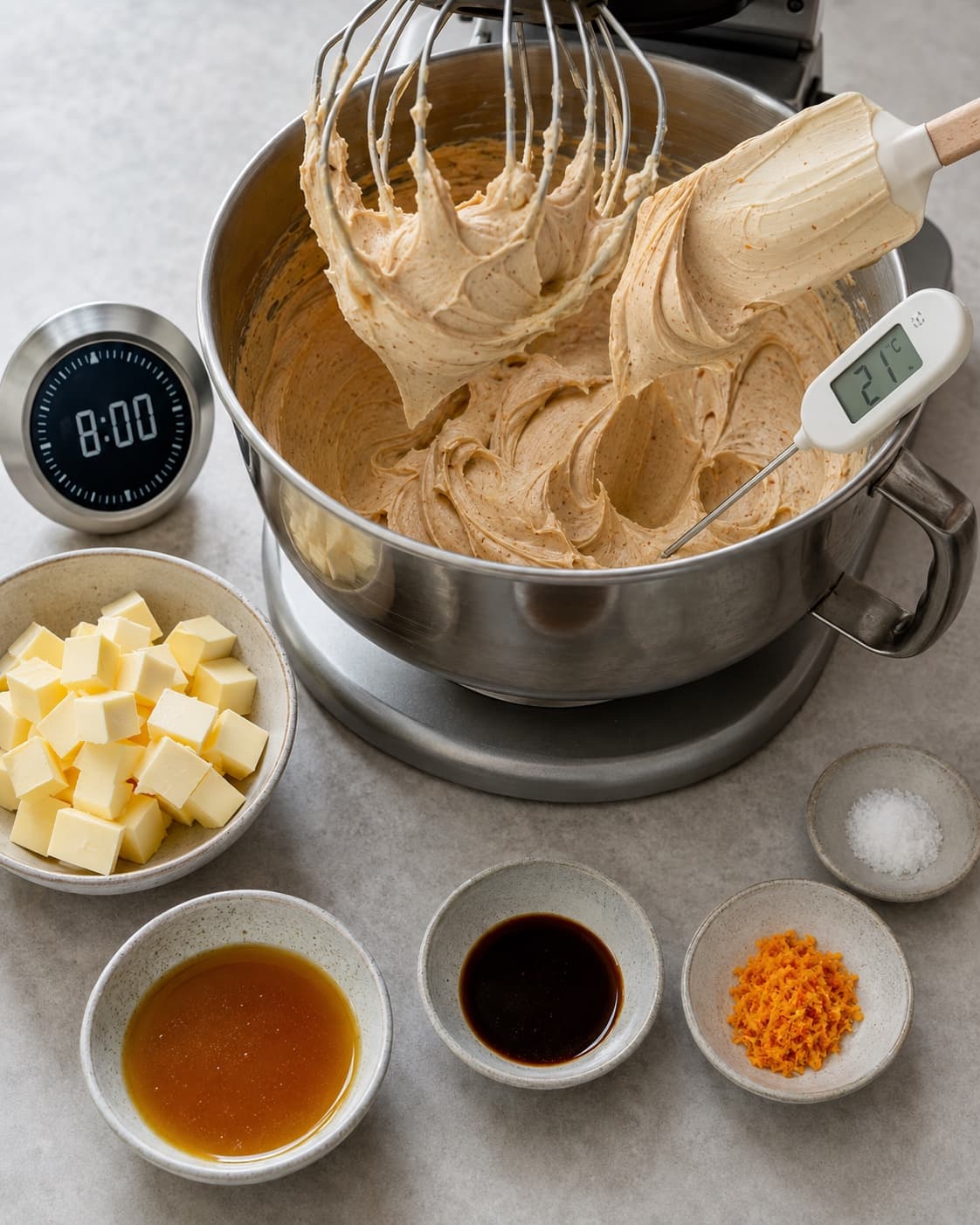 Smørcremen samles med brunet smør, espresso og appelsin ved 21 grader