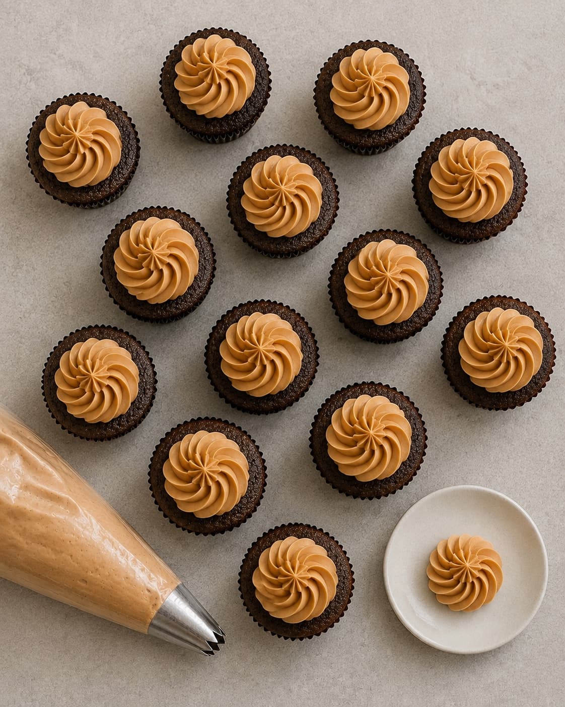 Tolv cupcakes pyntes med 55 gram smørcreme gennem en 12 millimeter tylle