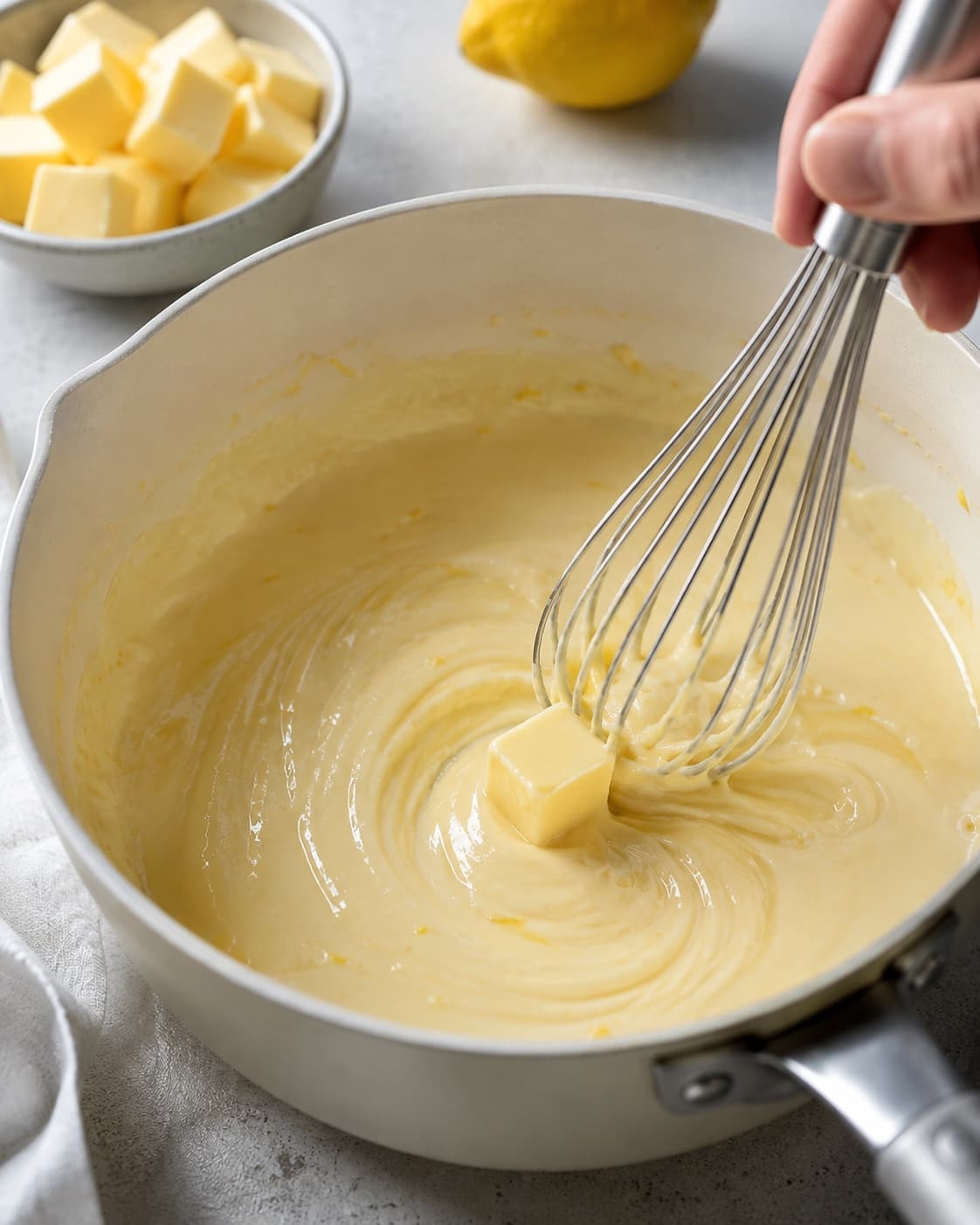 Kolde smørtern piskes gradvist i varm citron-flødesauce væk fra direkte varme
