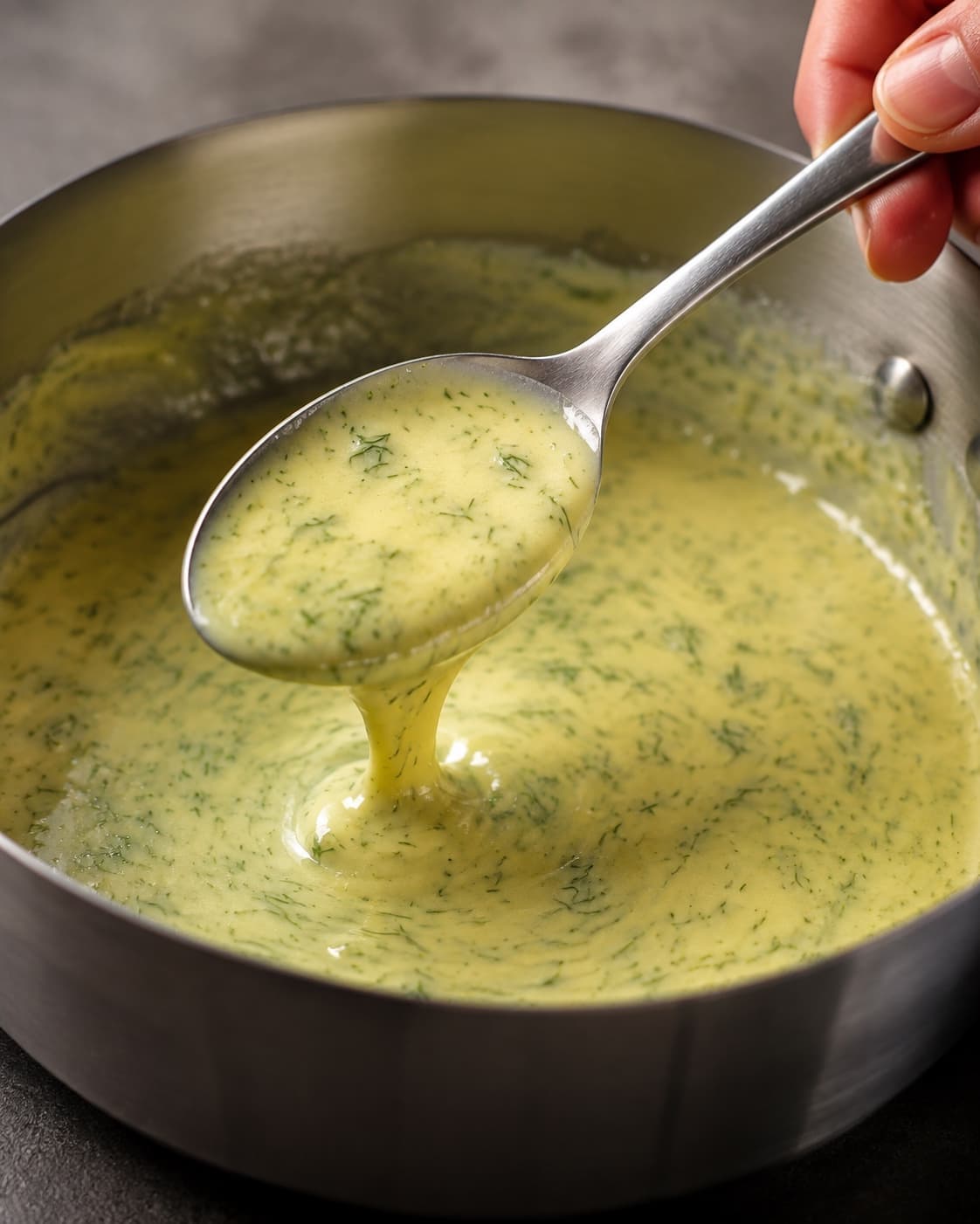 Frisk dild og citronsaft foldes i blank smørsauce, som falder i et glat bånd fra skeen