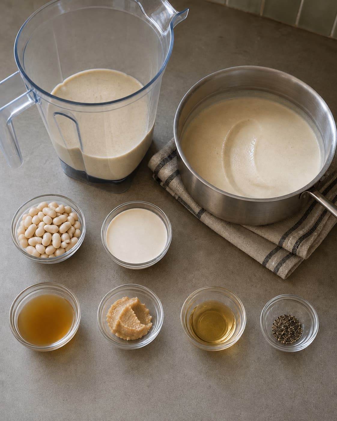 Hvid bønne-salviesauce bindes i forholdet 1 til 1 til 0,4