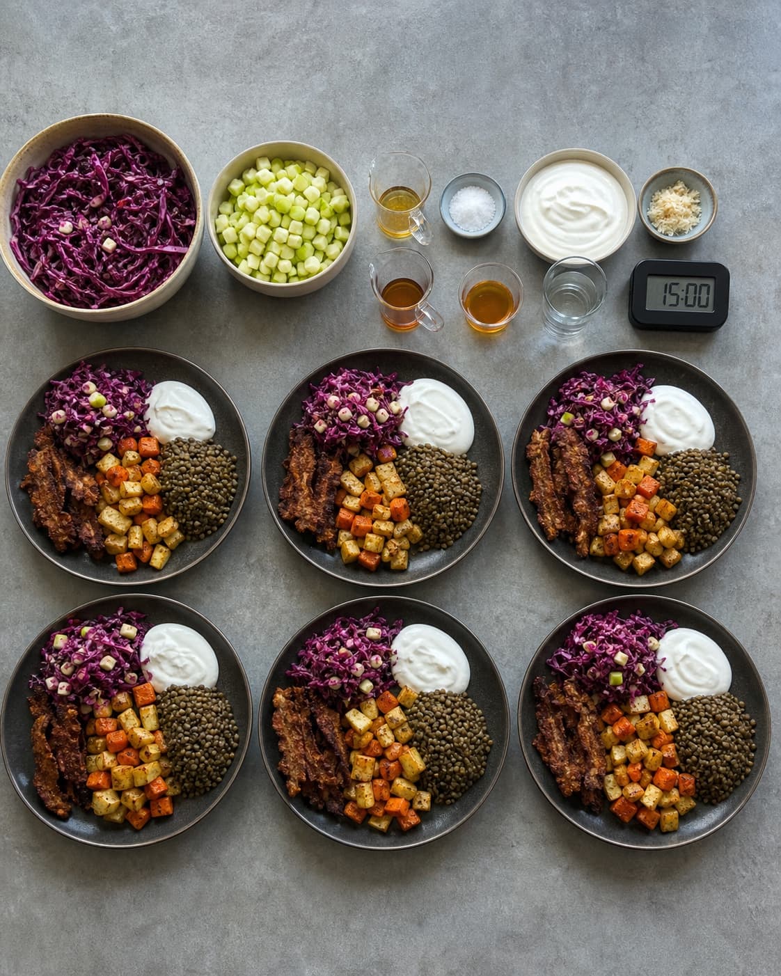 Seks portioner stegt flæsk anrettes med rodfrugter, linser, salat og peberrodscreme