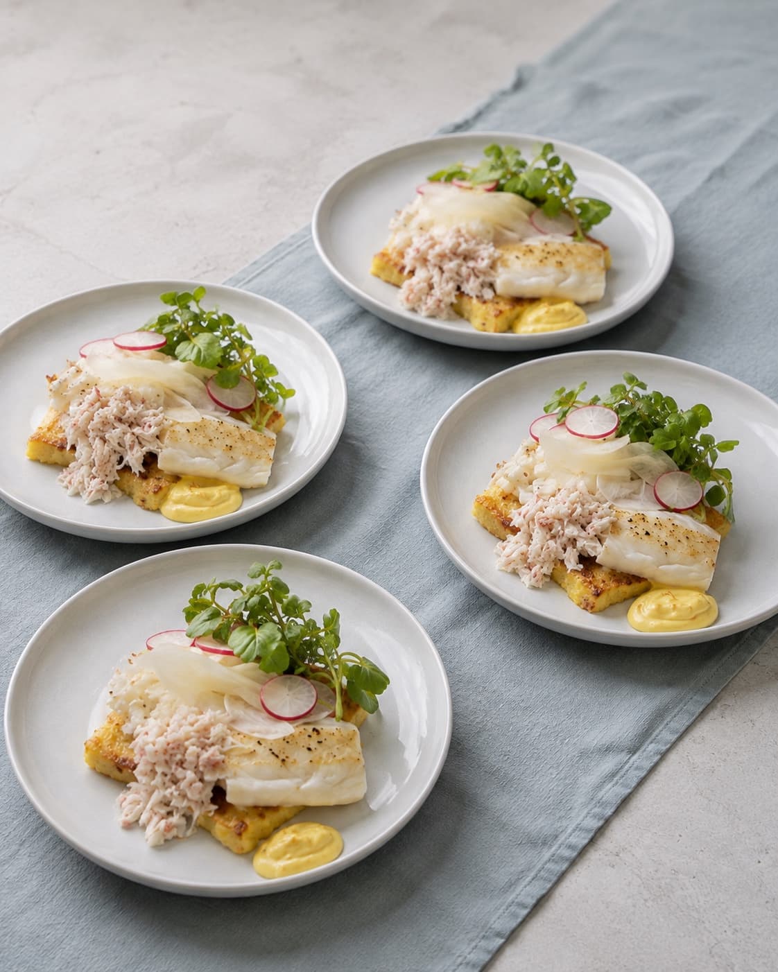 Fire stjerneskud anrettes på polenta med kuller og krabbe