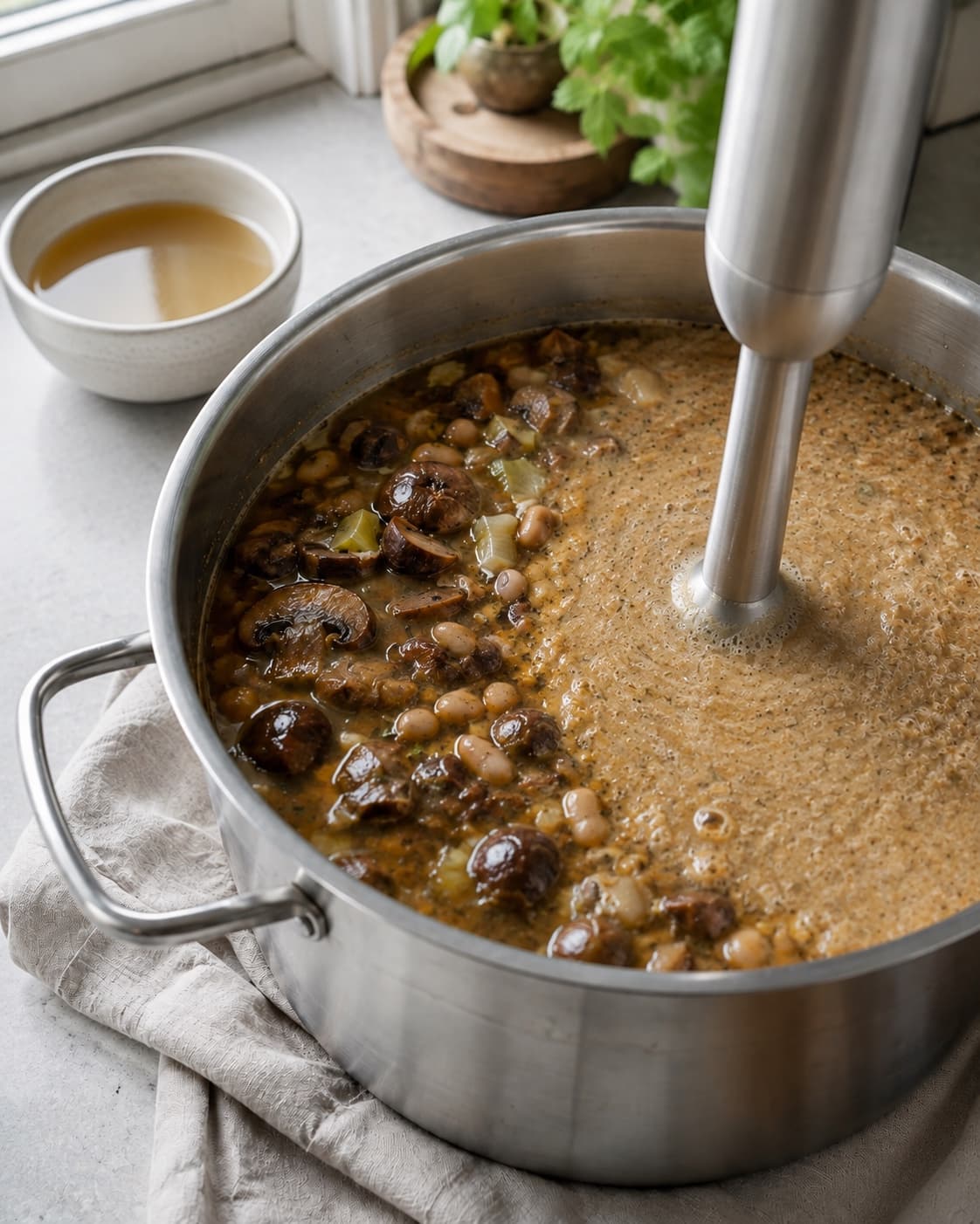 Svampesuppe med hvide bønner blendes delvist til 2,4 liter