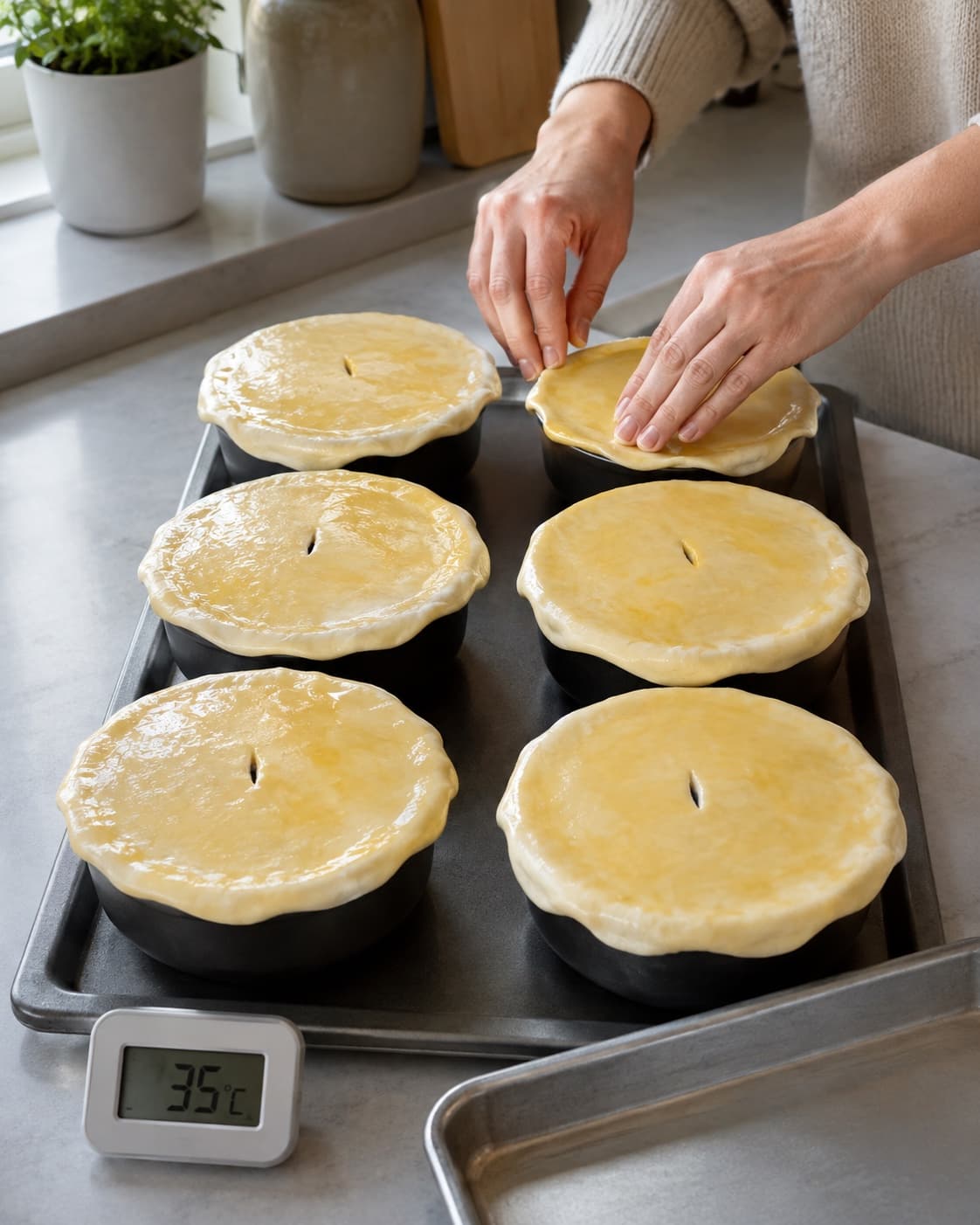Seks afkølede suppeskåle forsegles med råt butterdejslåg