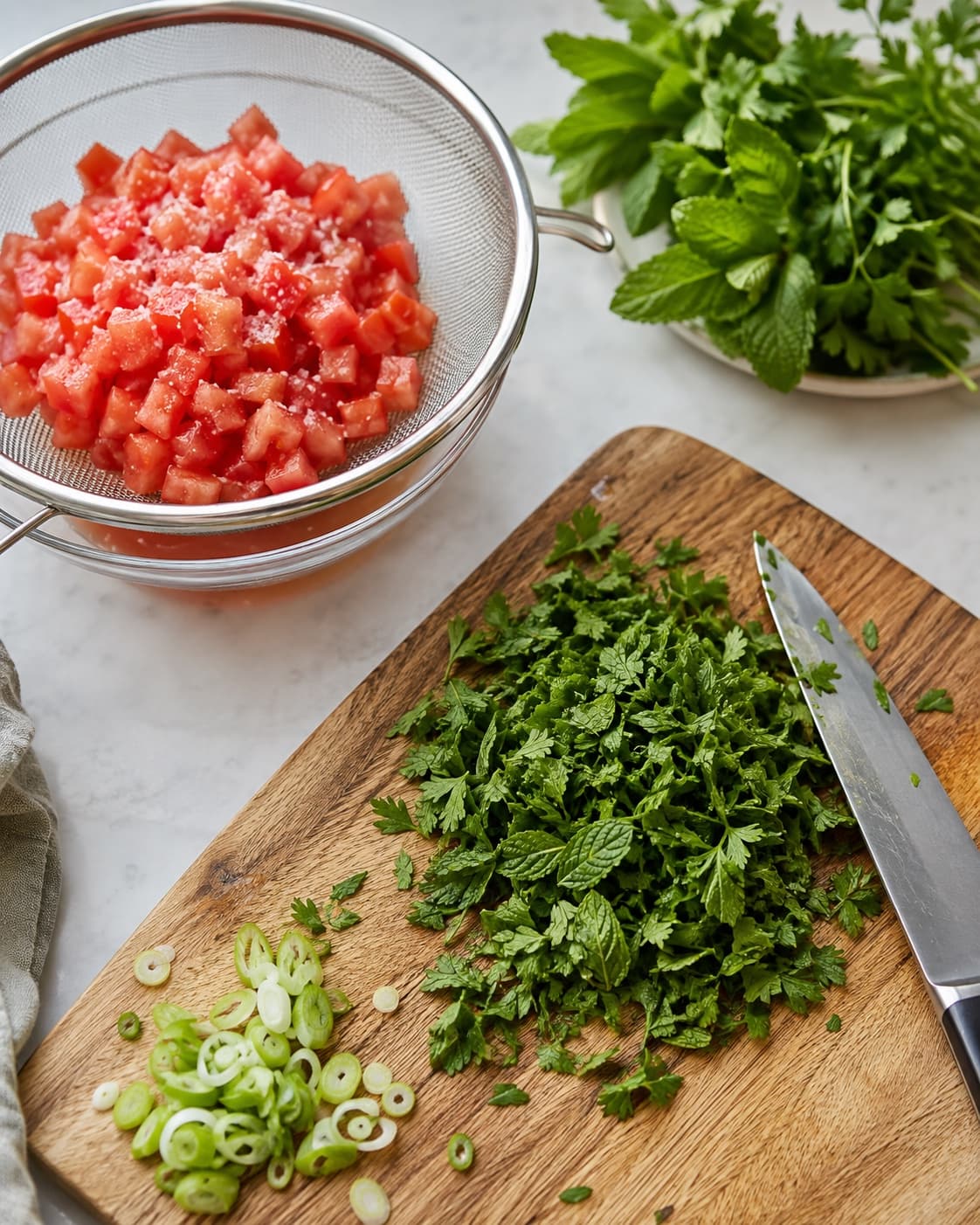 Afdryppede tomattern og tørre fintskårne urter blandes med helt afkølet løs bulgur