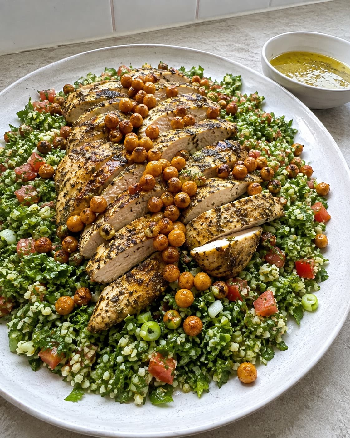 Grøn tabouleh vendes med citronolie og toppes med skiver af saftig kylling og varme sprøde kikærter