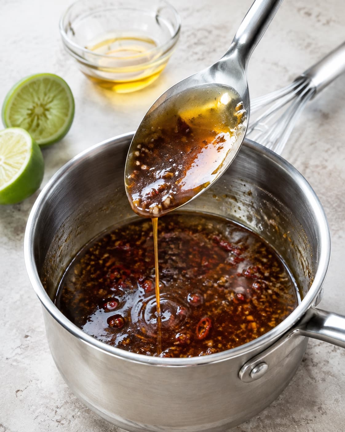 Soy-lime-ingefærsauce dækker bagsiden af en ske i et tyndt blankt lag